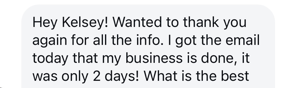 Text message from a student saying her business was done in only 2 days