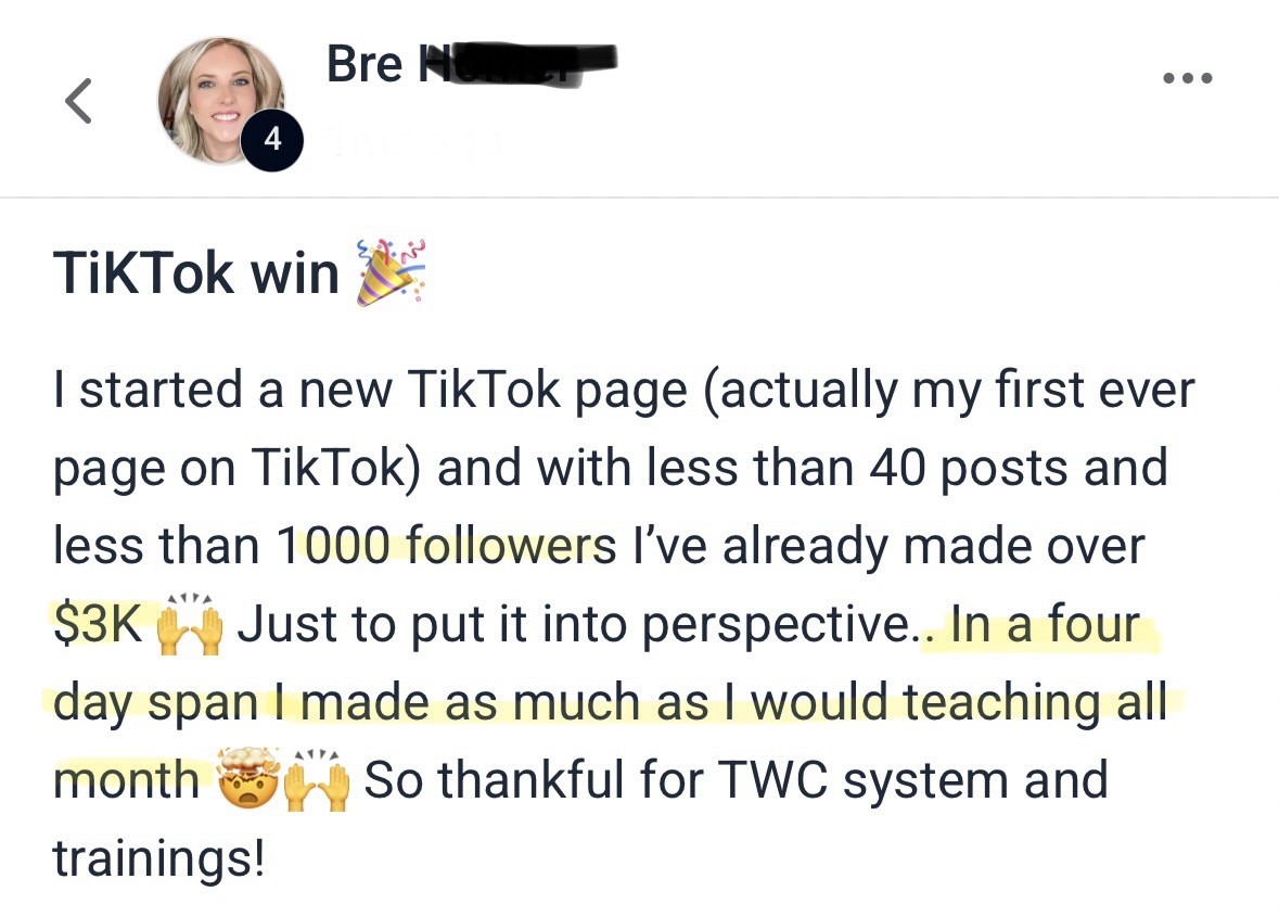 Bre's testimonial screenshot about a TikTok win earning over $3K