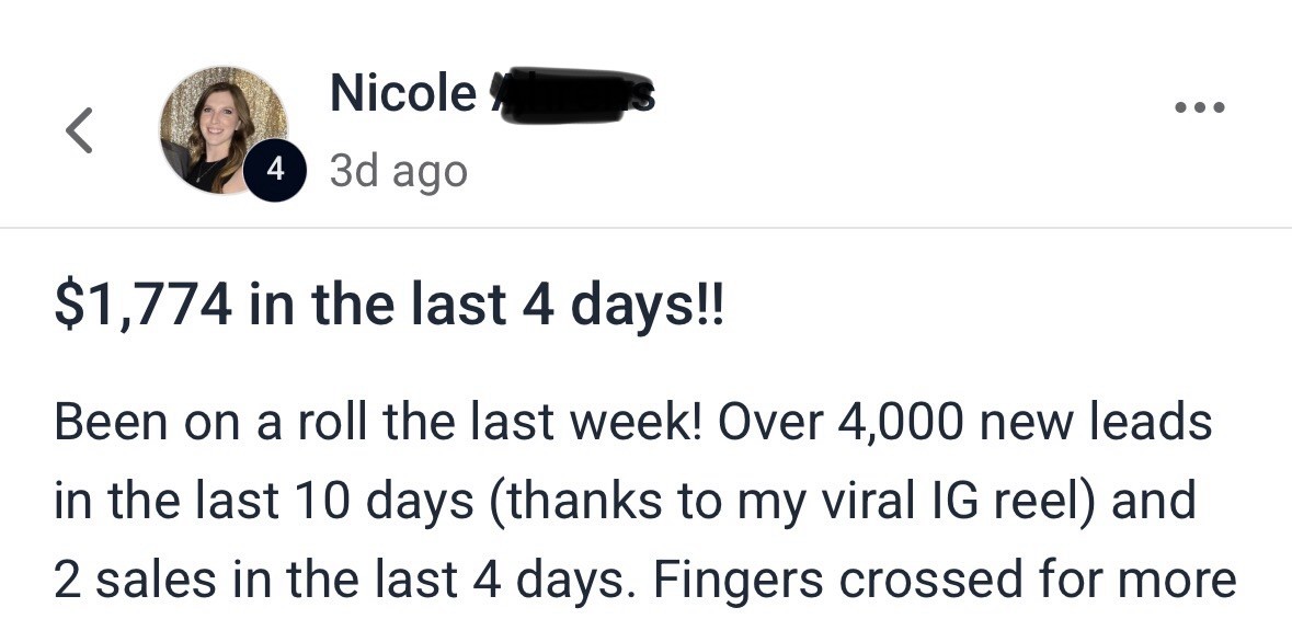 Nicole's testimonial about earning $1,774 in the last 4 days