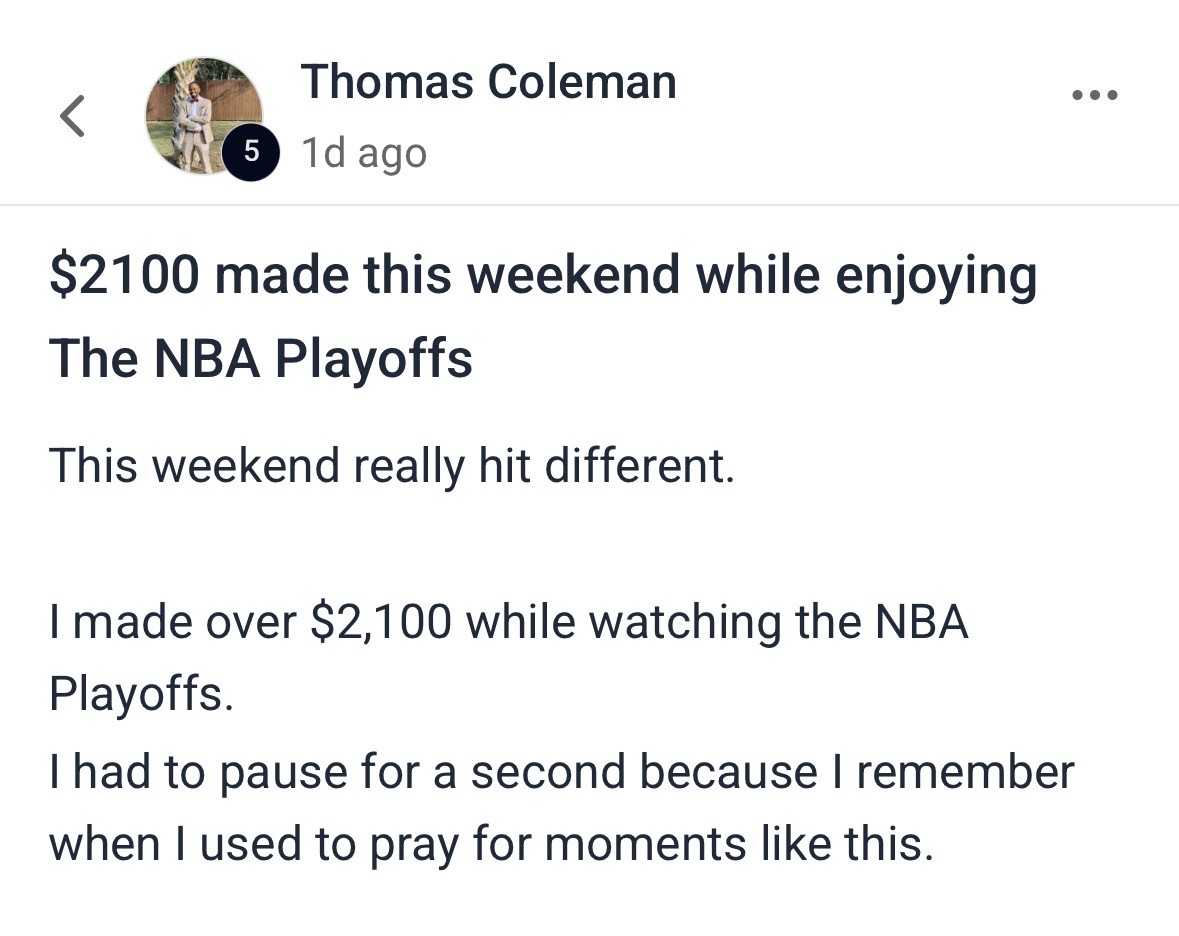 Thomas Coleman's testimonial screenshot about making $2,100 over a weekend